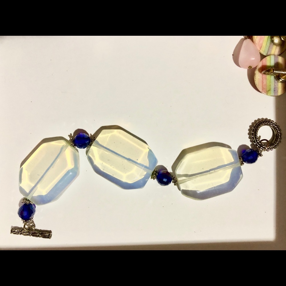 Chunky Opalite & Blue Glass Crystal Boho Bracelet - Picture 2 of 6